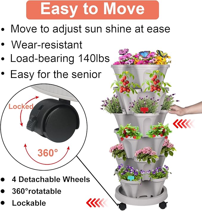 Vertical Planter, 6 Tier Stackable Strawberry Planter with Garden Tool Set, Movable Indoor/Outdoor Garden Herb Pot for Growing Vegetables and Succulents, Gray