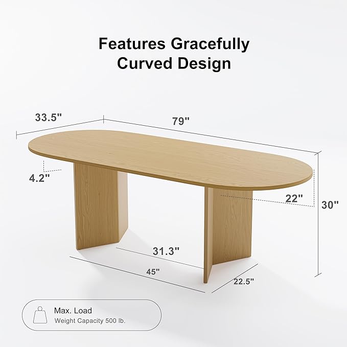Casaphoria 79" Dining Table for 6, Wood Kitchen Table with Scratch-Resistant Top & V-Shaped Base, Modern Farmhouse Oval Dining Table for Living Room, Kitchen, Easy Assembly, Natural Wood