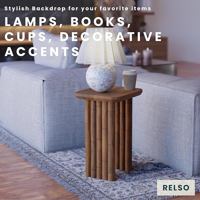 Bambos End Table - Solid Mango Wood Side Table with Bamboo-Inspired Legs | Handcrafted Accent Table for Living Room, Bedroom, Entryway | Easy Assembly, Sturdy, Compact & Durable Design | Walnut Finish