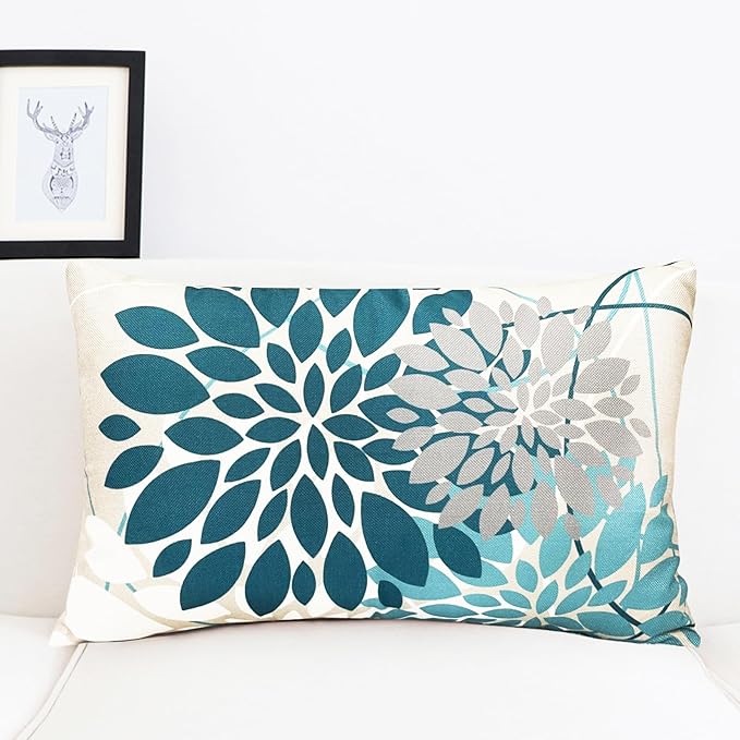 Teal Blue Decorative Throw Pillow Covers 12x20 Inch Pillow Covers for Couch Living Room Bedroom Outdoor.Modern Sofa Throw Pillow Cover.Farmhouse Geometric Floral Linen Square Pillow Case.Set of 2