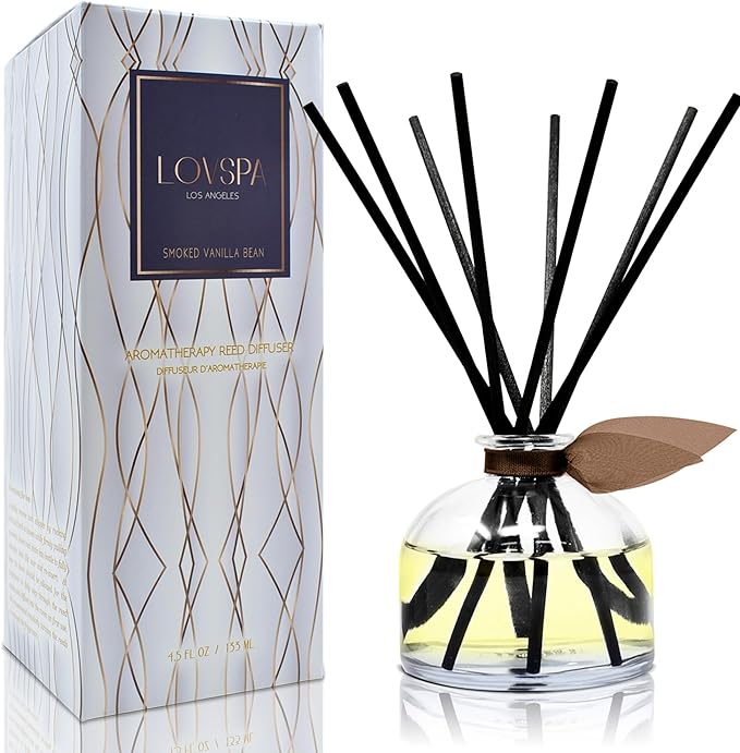LOVSPA Reed Diffuser Set, Smoked Vanilla Scented Oil Diffuser with Sticks, Home Fragrance Accessories for Bathroom Shelf Decor, Aroma Diffusers for Home or Office Fall Decor, USA Made