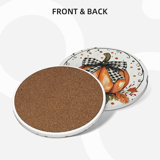 Autumn Bow Pumpkin Coasters for Drinks Fall Maple Leaves Absorbent Ceramic Coaster Set of 4 for Coffee Table Cup Bar Coasters with Cork Base Round Stone Mats Holiday New Home Decors