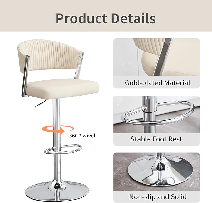 Bar Stools Set of 2, Adjustable Swivel Counter Height Bar Stools with Back and Footrest, PU Leather Bar Chairs for Kitchen Dining Room, White