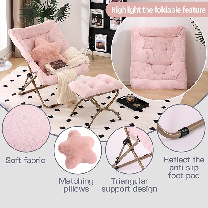 Welnow Comfy Saucer Chair with Ottoman, Oversized Folding Reading Chair for Adults with Throw Pillow Soft Faux Fur Lounge Chair for Bedroom Furry Accent Chair for Living Room, Dorm Rooms, Pink