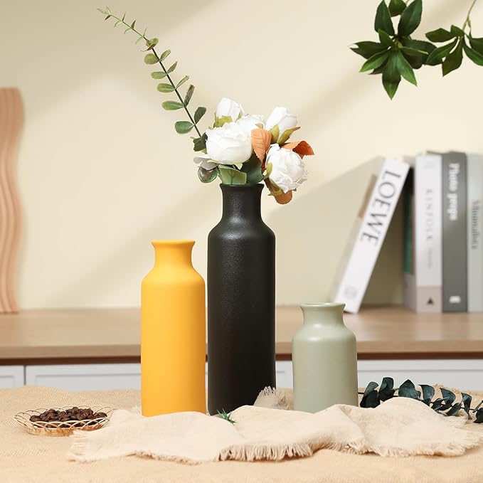 Ceramic Vases Set of 3, Farmhouse Decor Flower Vase for Centerpiece Table Decorations, Boho Decor Vases, Rustic vase in Various Sizes for Living Room,Fireplace, Shelves