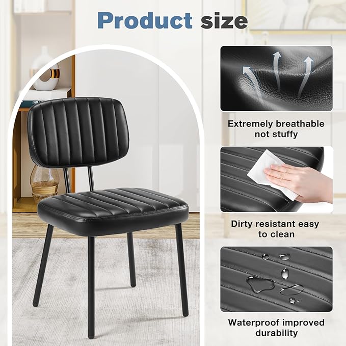 DUMOS Dining Chairs Set of 4, Upholstered Mid-Century PU Leather Accent Chair with Backrest and Metal Legs for Kitchen, Living Room, Black