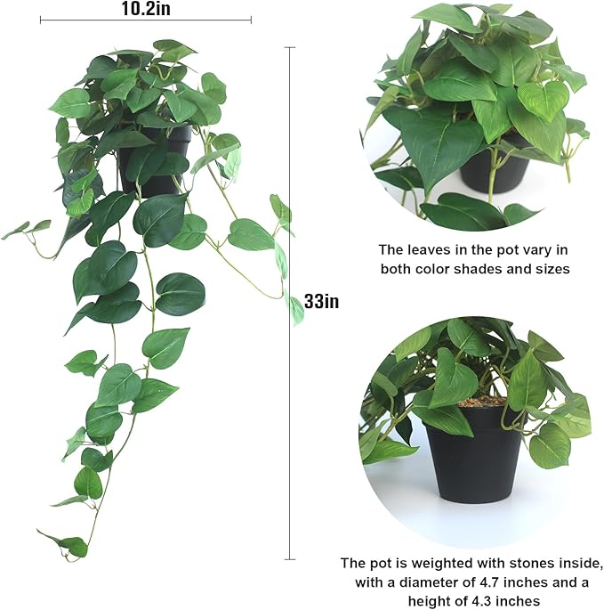 Fake Pothos Hanging Plants – Set of 2 Faux Ivy Vines with Pots, Realistic Silk Devil’s Ivy for Indoor Décor, Low Maintenance Artificial Greenery for Home or Office (Green)