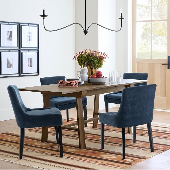 Modern Dining Chairs Set of 6, Upholstered Corduroy Dining Room Chairs with Wood Legs, Mid-Back Padded Kitchen Side Chairs for Dining Room, Blue