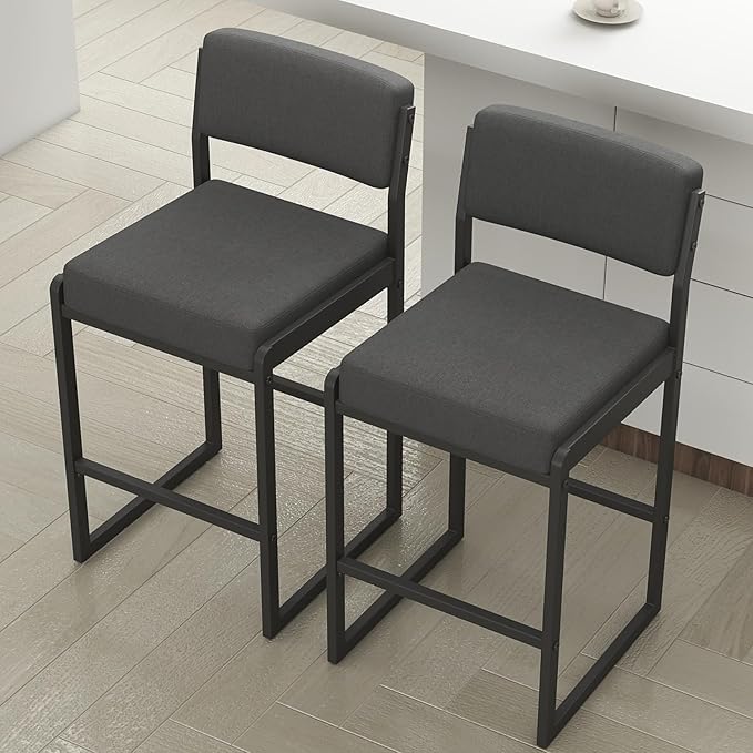 Mid Century Modern Counter Height Bar Stools Set of 3, 26" Bar Height Chairs with Backs, Upholstered Counter Stools, Metal Barstools for Kitchen Island (Darkgray- Fabric, 26" H - Set of 2)