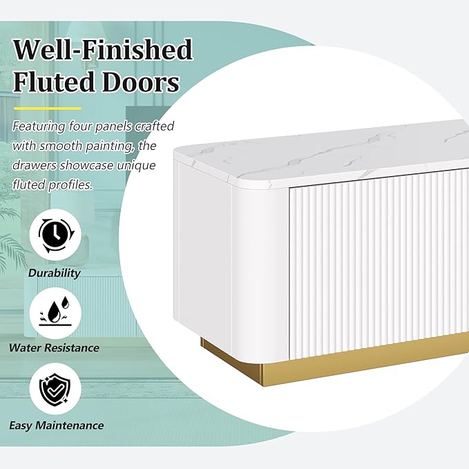 Merax Modern Fluted TV Stand Consoles for Living Room, Wood Entertainment Center with 4 Drawers & Faux Marble Tabletop, Practical Media Console for Televisions Up to 85'', White