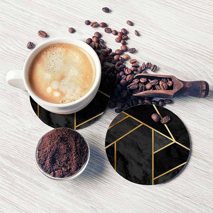 Modern Stylish Geometric Drink Coaster for Tabletop Protection Black Triangle Patchwork Collage Gold Line Luxury Polygon Non-Slip Cups Place Mats Home Decor Diatomite Material for Men Women