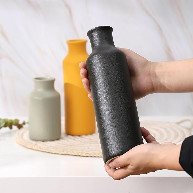 Ceramic Vases Set of 3, Farmhouse Decor Flower Vase for Centerpiece Table Decorations, Boho Decor Vases, Rustic vase in Various Sizes for Living Room,Fireplace, Shelves