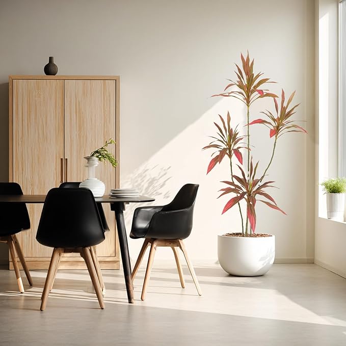 Artificial Cordyline Plant, Indoor Potted Plant, 4 Stems with Black Planter, Suitable for Large Indoor Living Room Decorations, Potted Plants, and Window Display Scenes (Red-5.3ft)