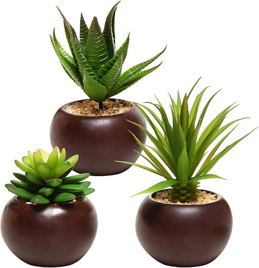 MyGift Succulents Plants Artificial, Fake Faux Indoor House Plants in Round Brown Ceramic Pots, Set of 3