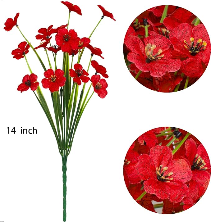 15 Bundles Artificial Flowers UV Resistant Outdoor Plants No Fade Faux Plastic Shrubs Fake Silk Flowers Window Box Garden Porch Home Decoration(Red)