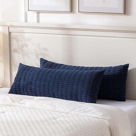 Fancy Homi 2 Packs Navy Blue Long Body Lumbar Decorative Throw Pillow Covers 14x36 Inch for Bed Couch Bedroom Bench, Soft Corduroy Rectangle Solid Pillow Case, Rustic Farmhouse Boho Room Decor
