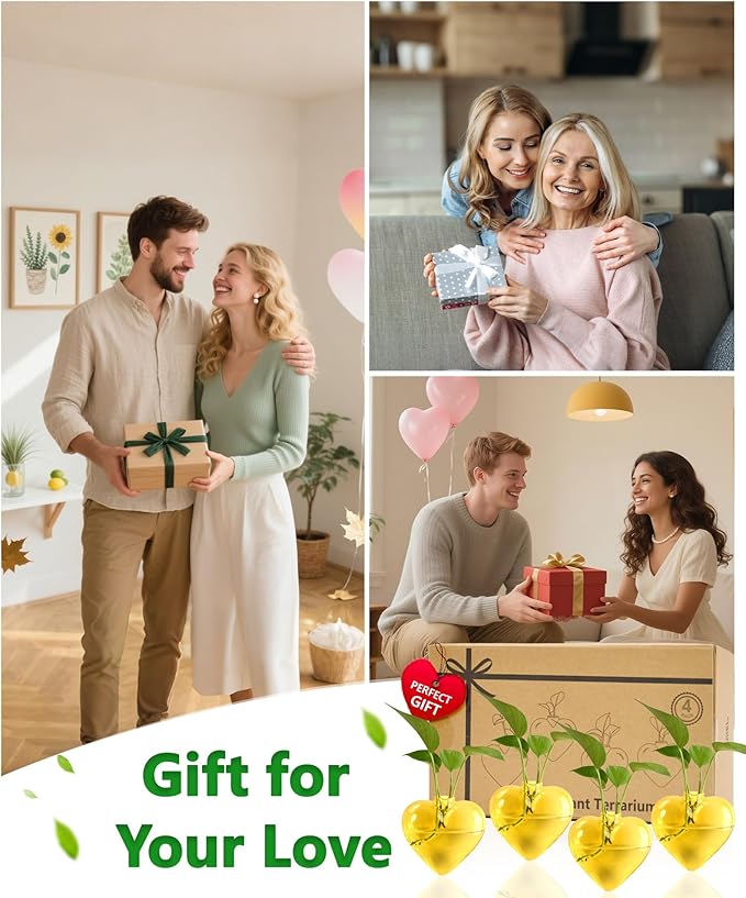 Nacome Wall Hanging Glass Planter Terrarium Plant Propagation Station, 4 Pack Heart Shape Vase for Hydroponic Home Office Garden Decor,Unique Gardening Gifts for Plant Lovers Women Mom(Yellow)