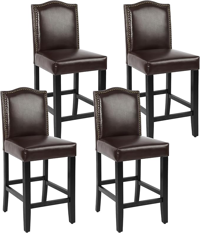 LSSPAID Counter Height Bar Stools Set of 4, 24.8 Inch Pu Upholstered Barstools, Kitchen Island Chairs with Bronze Nail Backrest and Solid Wood Legs for Kitchen Pub Home Cafe, Brown