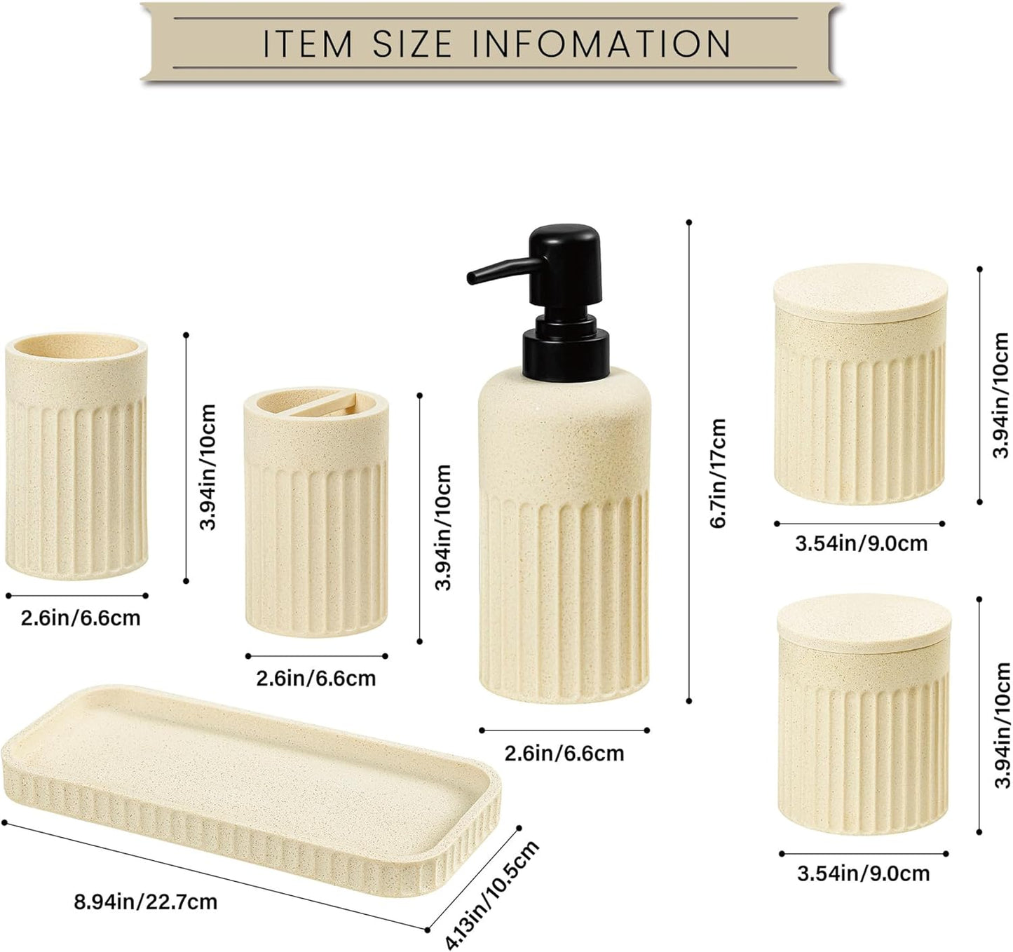 Bathroom Accessory Set - 6 Pieces Bathroom Accessories Set Complete with Soap Dispenser, Toothbrush Holder, Tumbler, Vanity Tray and 2 Qtip Holder for Home Organizer and Decor, Beige