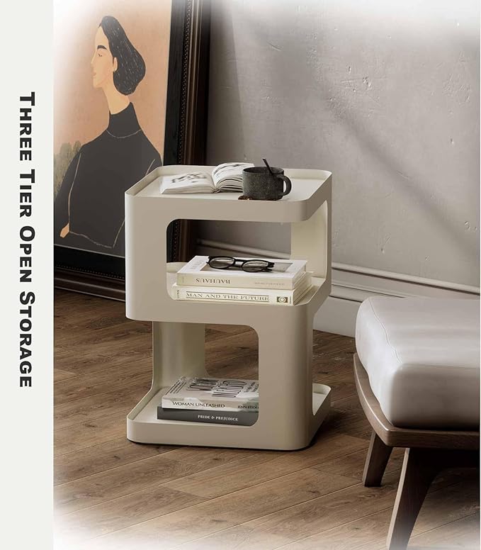 XIV Side Table, Small End Table, Modern Nightstand, Accent Bedside Table, 3 Tier Night Stands, Metal Bed Side Table for Living Room Bedroom Outdoor Entryway, No Assembly Required (Off White, Square)