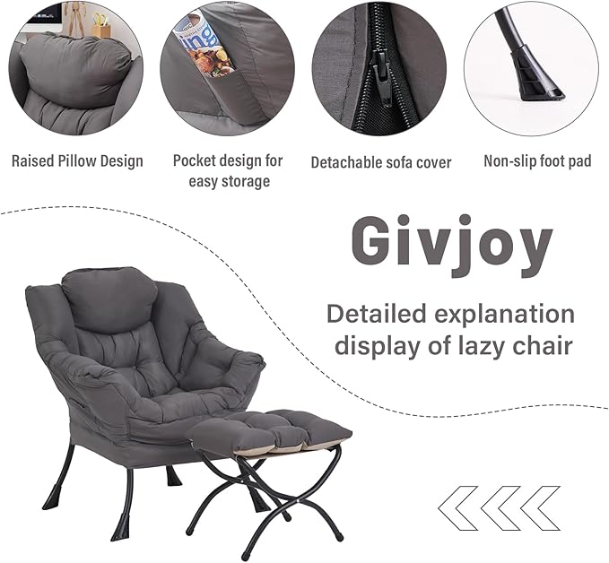 Lazy Chair and Ottoman, Large Accent Lounge Chair with Armrests and a Side Pocket, Modern Leisure Upholstered Sofa Reading Armchair with Footrest for Bedroom, Living Room, Dorm Rooms, Office