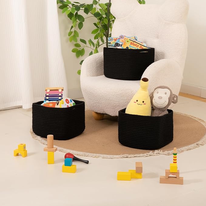 OIAHOMY 9”x9”x7” Storage Cubes, Cotton Rope Woven Baskets for Organizing, Cube Storage Bin, Small Gift Basket for Shelf, 3-Pack, Black