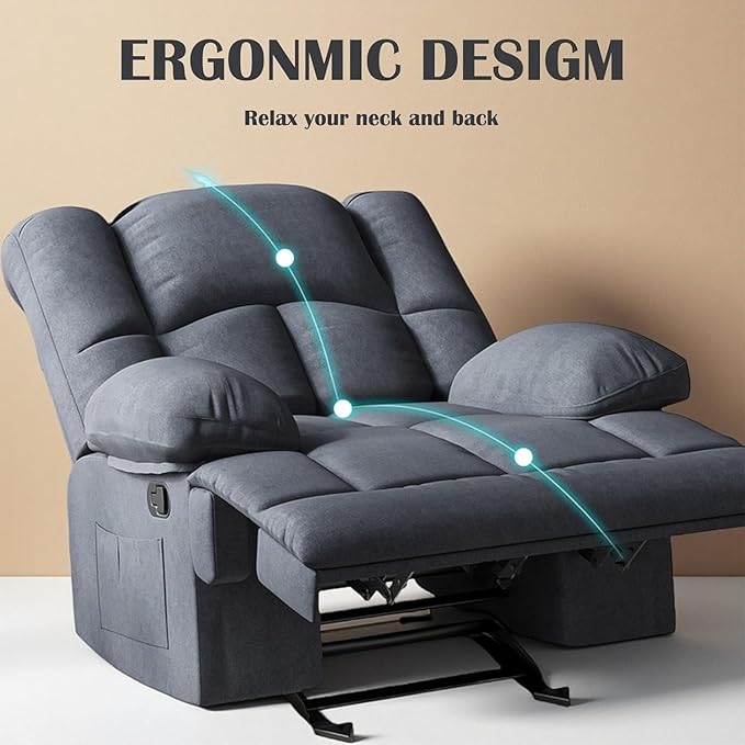 Oversized Rocker Recliner Chair, Wide Rocker Chair with Adjustable Backrest Footrest, Oversized Recliner for Adults, Reclining Sofa for Living Room, Solid Back