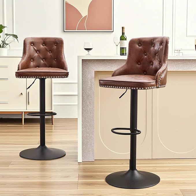 Modern Counter Stools Set of 2, Swivel Counter Height Bar Stools with Back and Armrests, 25'' to 33'' Adjustable Height PU Leather Bar Chairs with Rivets for Kitchen Island, Light Brown