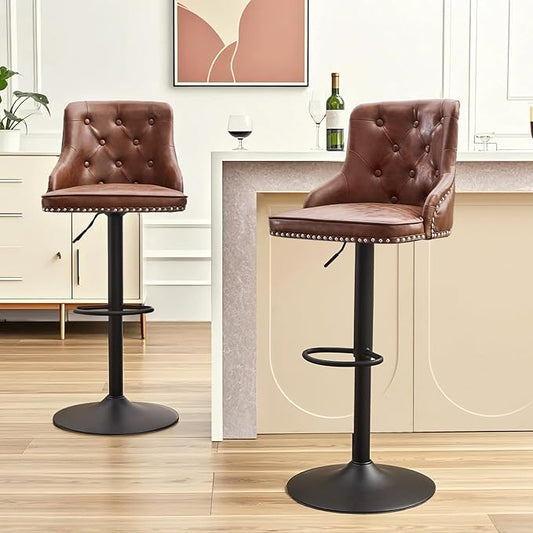 Modern Counter Stools Set of 2, Swivel Counter Height Bar Stools with Back and Armrests, 25'' to 33'' Adjustable Height PU Leather Bar Chairs with Rivets for Kitchen Island, Light Brown