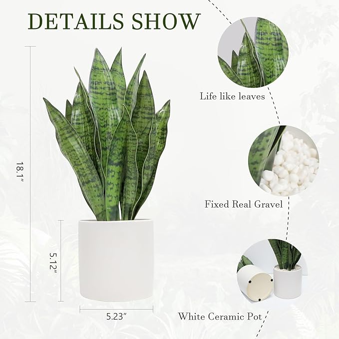Artificial Snake Plant Set of 2, 18" Faux Snake Plant with Pure White Ceramic Pots, Fake Sansevieria for Home Decor Indoor, Office, Living Room, Housewarming Gifts