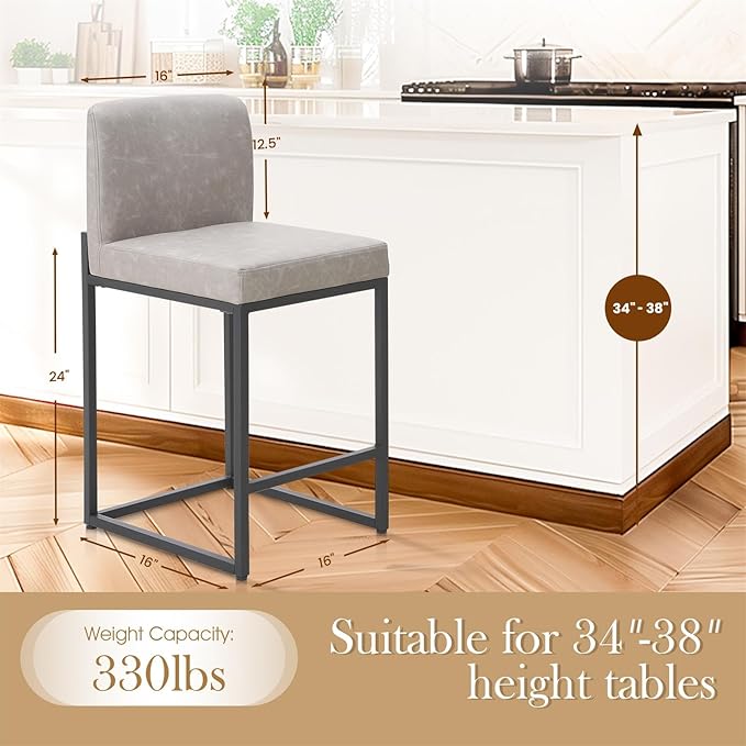 Sophia & William Light Grey Bar Stool, Counter Height 24" Bar Stools with Backs, Modern PU Leather Kitchen Island Bar Chairs,1 Pack