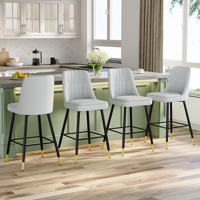 27" Bar Stools Set of 4 - Grey Counter Height Bar Stools Set of 4,Faux Leather Kitchen Island Stools with Sturdy Chrome Metal Leg,Counter Height Stools with Backs,Easy to Assemble