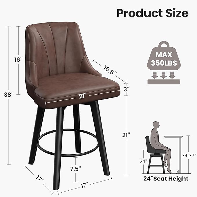 Counter Height Swivel Bar Stool, 24" Upholstered PU Leather Barstools Set of 8, Counter Stool Chair with Back & Solid Wood Legs for Kitchen Island Dining Room (Brown)