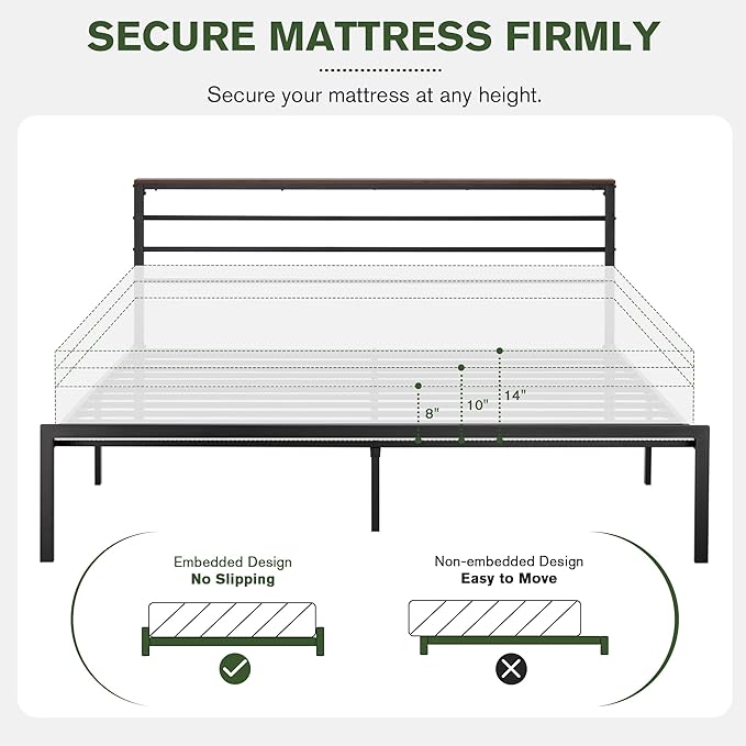 MUTICOR King Size Metal Platform Bed Frame with Shelf Headboard, No Box Spring Needed, Easy Assembly, Brown Shelf