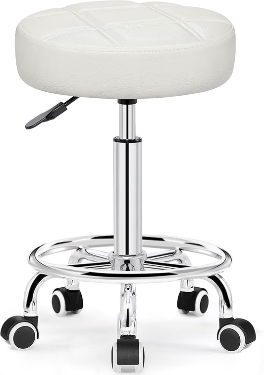 Rolling Stool with Wheels, PU Leather Small Office Chair with Foot Rest,Versatile Adjustable Swivel Stool for Tattoo Massage Salon Spa Teach Medical Facial Office Home Work Kitchen White