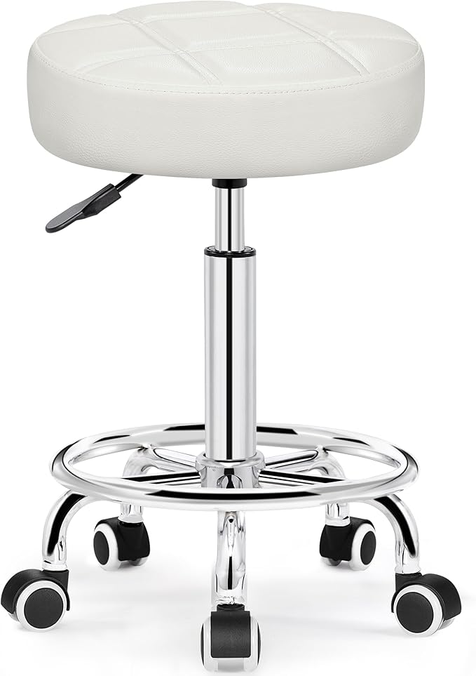 Rolling Stool with Wheels, PU Leather Small Office Chair with Foot Rest,Versatile Adjustable Swivel Stool for Tattoo Massage Salon Spa Teach Medical Facial Office Home Work Kitchen White