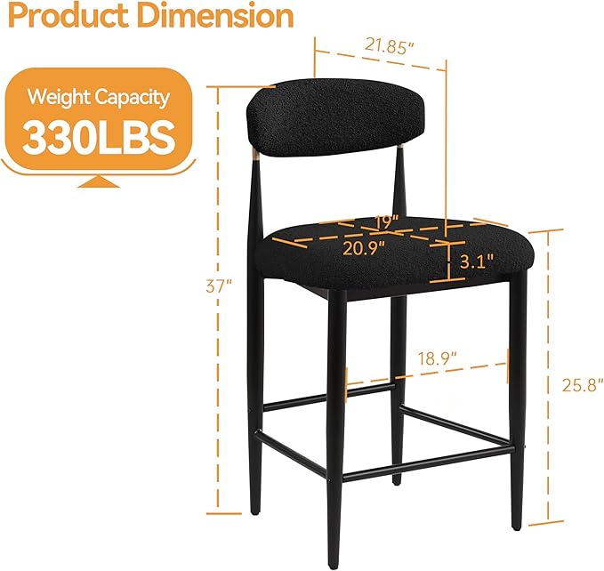 Morden Fort Modern Counter Height Bar Stools Set of 4, Black Upholstered Counter Stools with Gold Accent, 26" Boucle Island Chairs for Kitchen, Dining Room and Bar