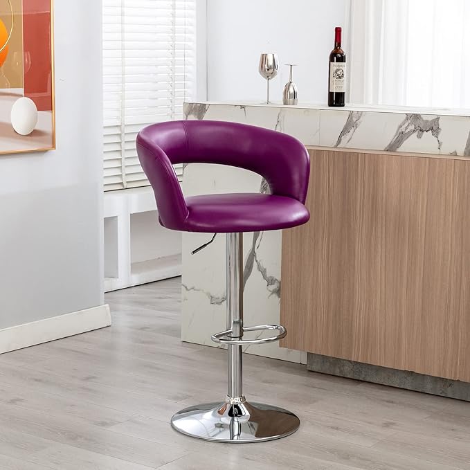 Brage Living Wide Bar Stool, Modern PU Leather Swivel Adjustable Barstool with Hollow Back and Arms, Upholstered Airlift Counter Height Bar Chair for Kitchen Dining (Purple)