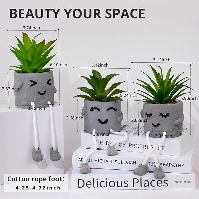 Creative Artificial Succulent Plants with Gray Pots Mini Potted Succulents Cute Fake Plants Succulents with Hanging Leg & Emotional Cement for Home Office Desk Decor and Gift Choice