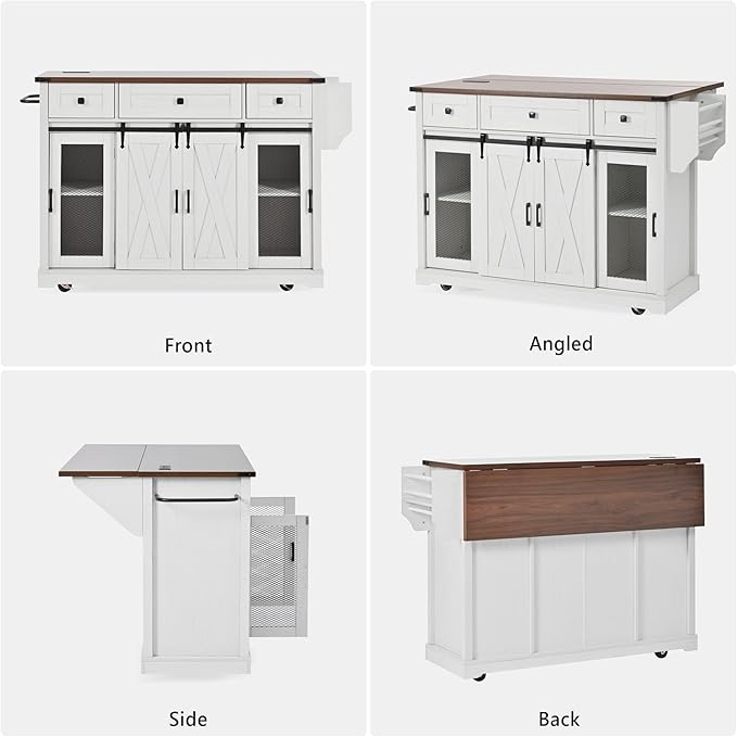 Merax Farmhouse 58 inch Kitchen Island on 5 Wheels with Drop Leaf Table, Power Outlet & Glass Holders, Wood Kitchen Rolling Cart with Spice Rack & Sliding Barn Door, 3 Drawers & Cabinet, White