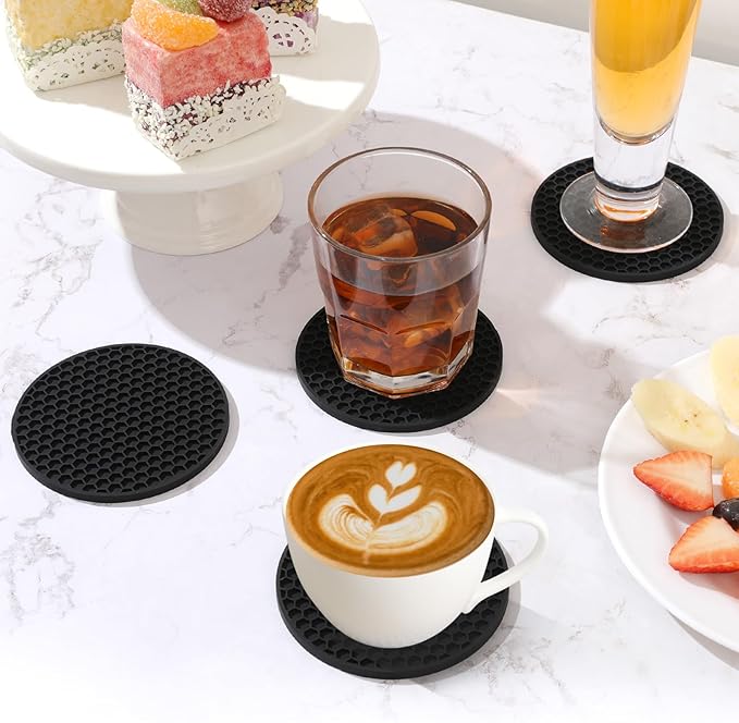 Silicone Coasters Set of 8 with Holder,Coasters for Drinks,Beer,Coffee Coasters,Suitable for Kinds Cups,Hot or Cold,Anti-SLI,Non-Stick,Anti-Overflow Tabletop Protection and Decor (8 Pcs, Black)