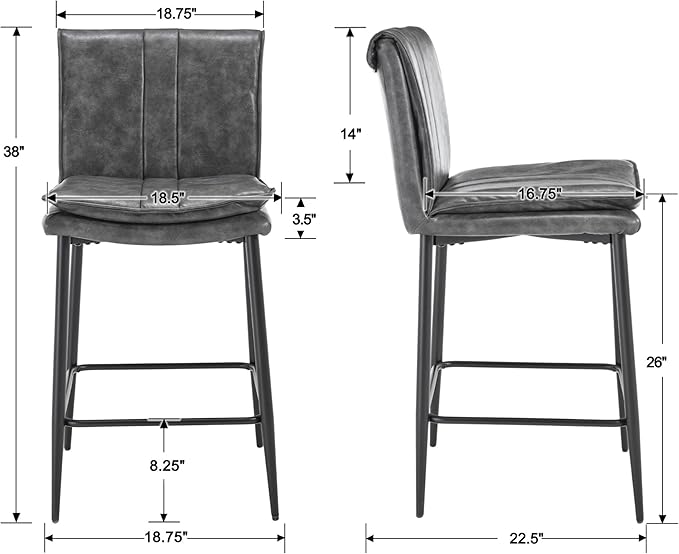 EALSON Leather Counter Height Bar Stools Set of 2 Modern 26 Inch Barstools with Back Upholstered Breakfast Counter Stools with Metal Legs Comfortable Bar Chairs for Kitchen Island, Grey