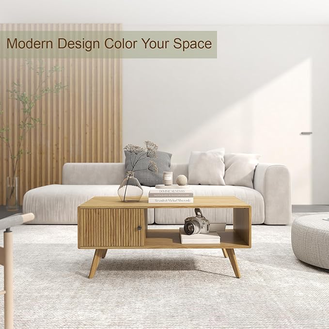 Mid Century Modern Coffee Table with Storage, Light Oak Wood Center Table with Cabinet & Open Shelf, Retro Cocktail Table for Living Room and Small Spaces