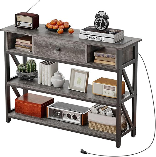 Mexin 39 Inch Console Table with 2 Outlet and 2 USB Ports, Entryway Table with Drawer and Storage Shelves, Narrow Sofa Table for Living Room and Hallway, Grey Oak