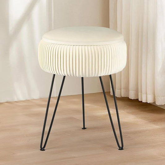 Velvet Vanity Stool with Storage, Round Ottoman Vanity Chairs with Anti-Slip Feet, Dressing Table Seat Foot Stool with Black Legs, Furry Padded Seat Side Table for Makeup Bedroom, White