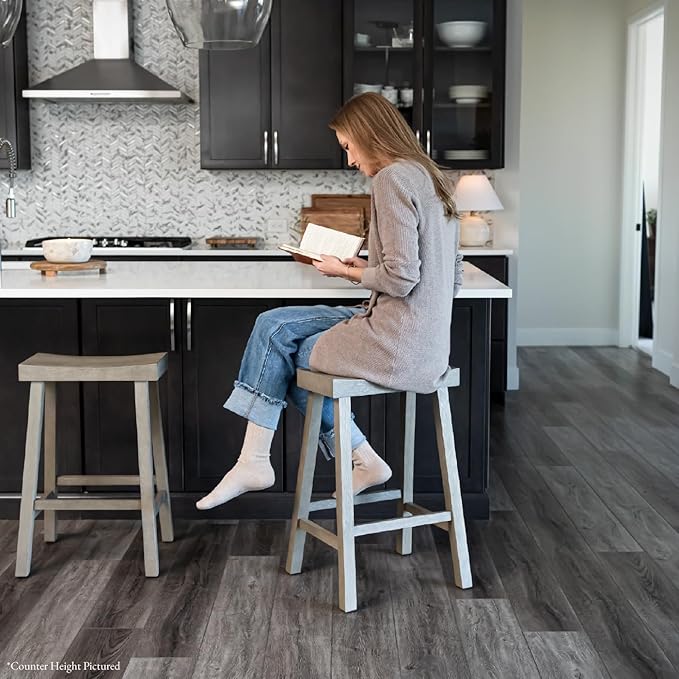 Maven Lane Kitchen Bar Stool, Modern Farmhouse Wood Barstool, Kitchen Island Chairs, Pub Bar Height Stools for Kitchen, Wide Comfortable Seat Backless Bar Stools, Vincent 31 Inch, Antiqued Grey