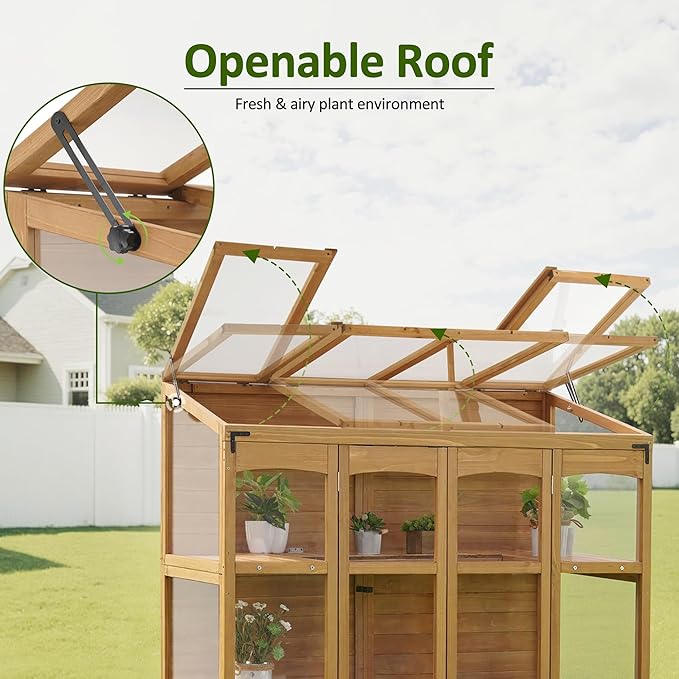MCombo Wooden Greenhouse, Walk-in Outdoor Greenhouse with Openable Roof and Lockable Door, 0899 (Natural)