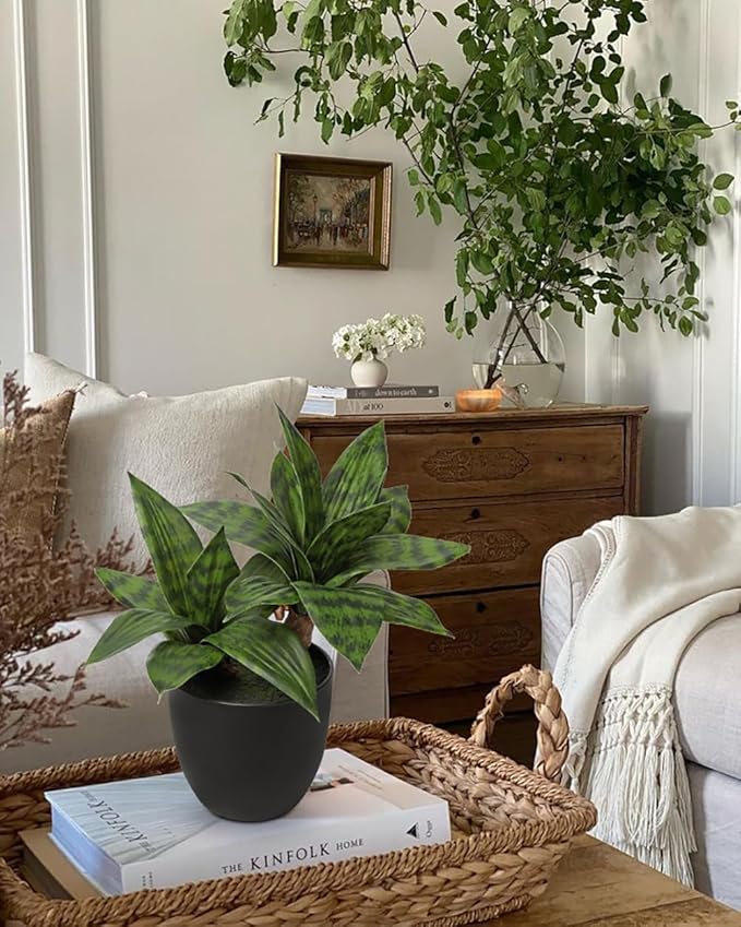 DILATATA Fake Snake Plant 11 Inch Small Potted Good Luck Plant Artificial Snake Plants Faux Mother in Law Tongue Sansevieria Plant - 20 Leaves Fake Laurentii for Indoor Outdoor Home Office Decor