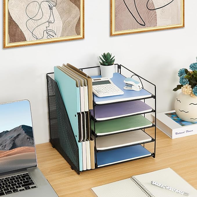 Desk Organizers and Accessories, 5-Tier Paper Letter Tray Organizer with File Holder, Desktop Organizer for Office Supplies (Black)