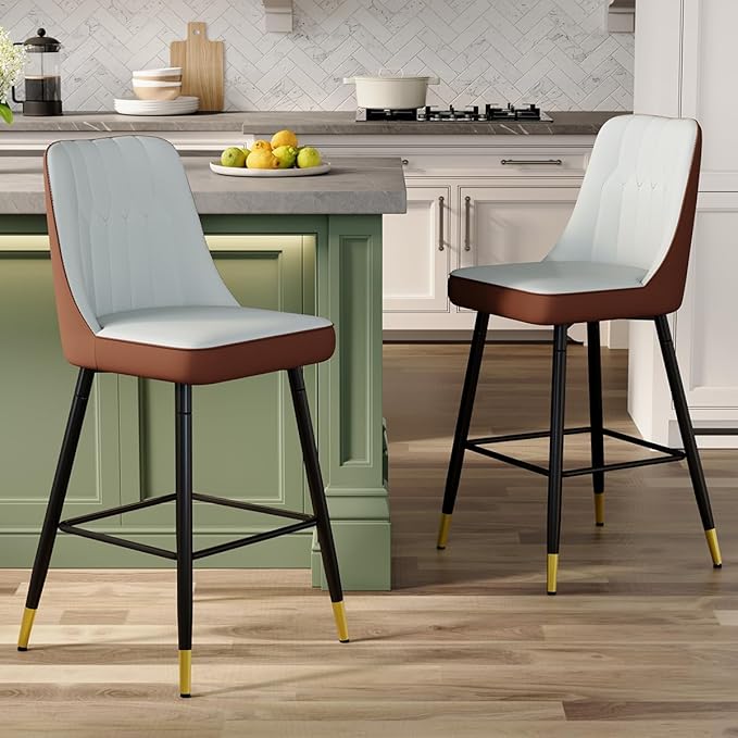 Grey Bar Stools Set of 2,27" Counter Height Bar Stools Set of 2,Faux Leather Counter Stools with Soft Padded Seat & Curved Backrest,Modern Kitchen Island Chairs for Dining Café